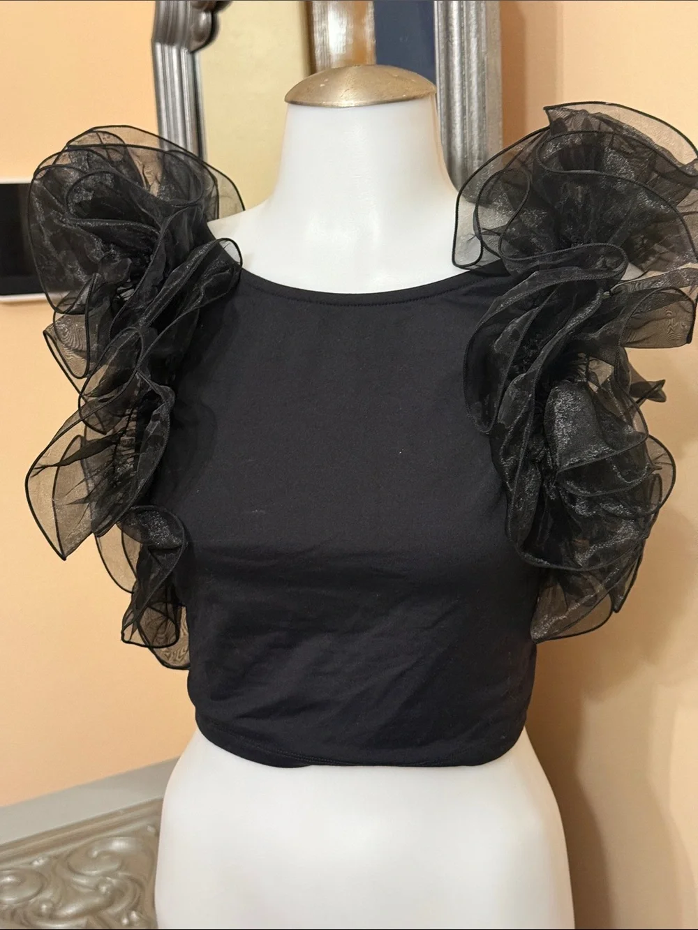 Intimately by Free People Small Black Ruffle Sleeve Crop Top Sheer Organza - Picture 2 of 9